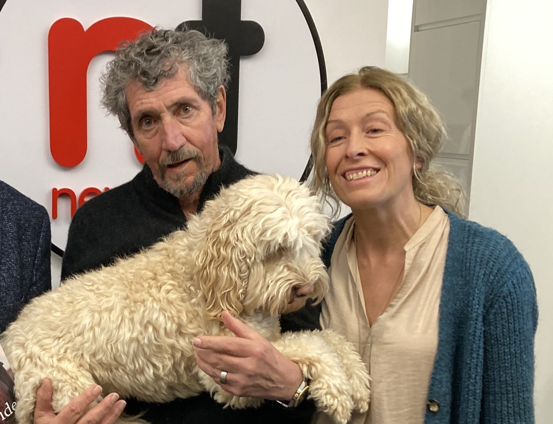Charlie Bird with Tiger and his wife Claire in Newstalk studios