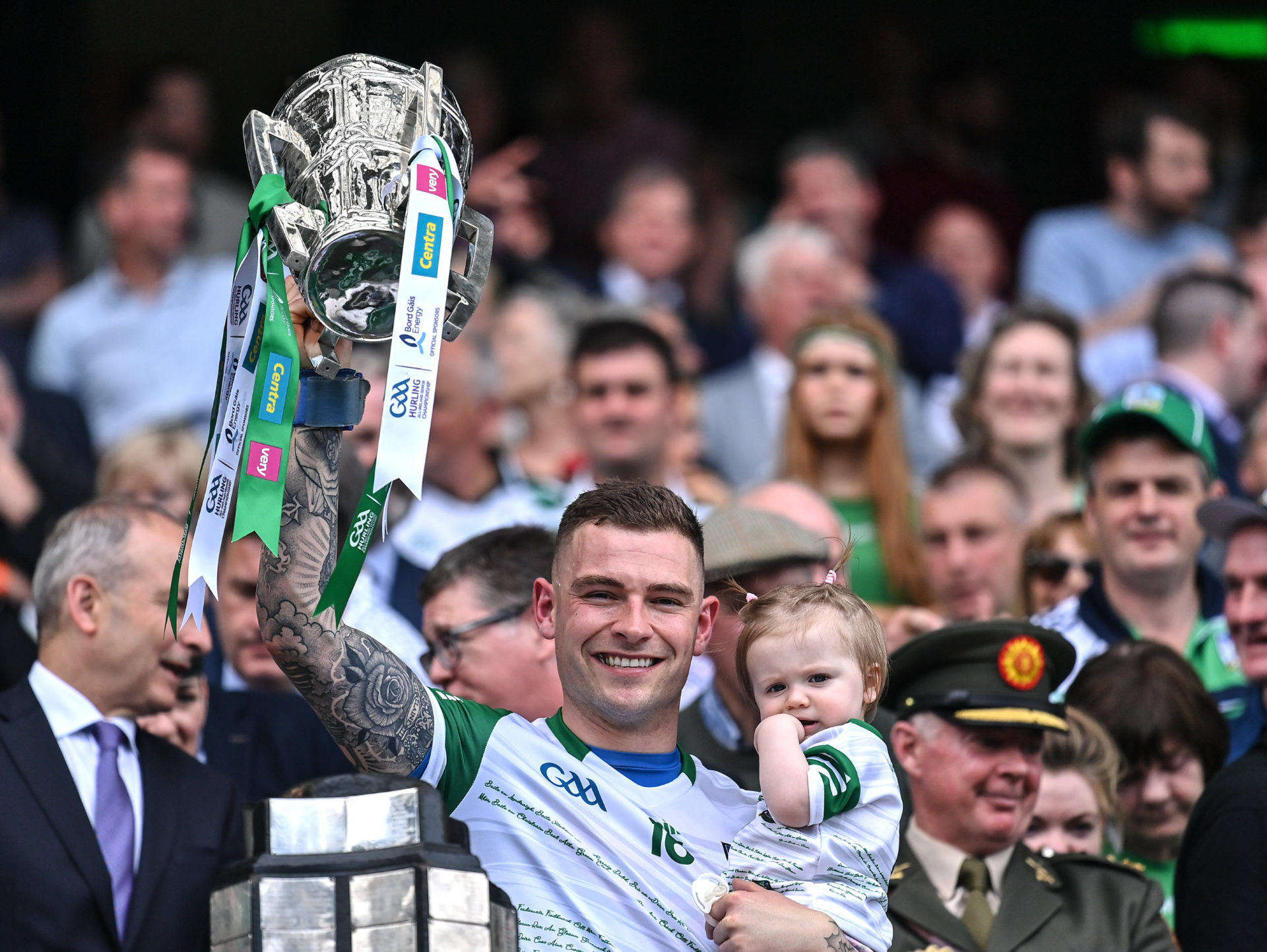 Limerick goalkeeper Barry Hennessy lifts the Liam MacCarthy Cup with his daughter after the All-Ireland Final, 17-07-2022. Image: Piaras Ó Mídheach/Sportsfile