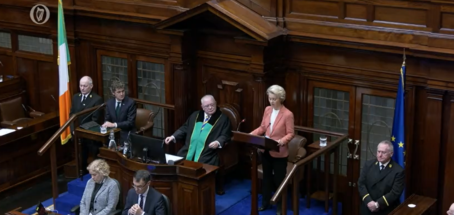 European Commission President Ursula von der Leyen addresses the Joint Houses of the Oireachtas in the Dáil chamber