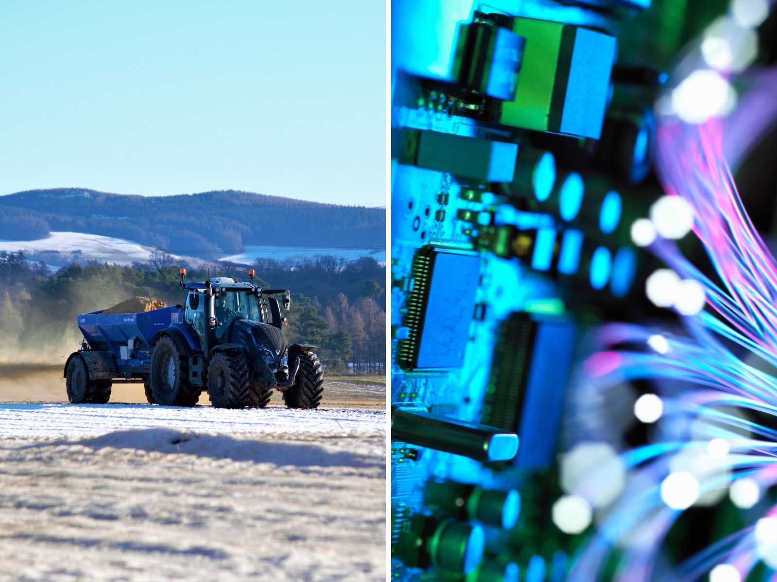 Split-screen of an Agri-spread tractor and some broadband wires.