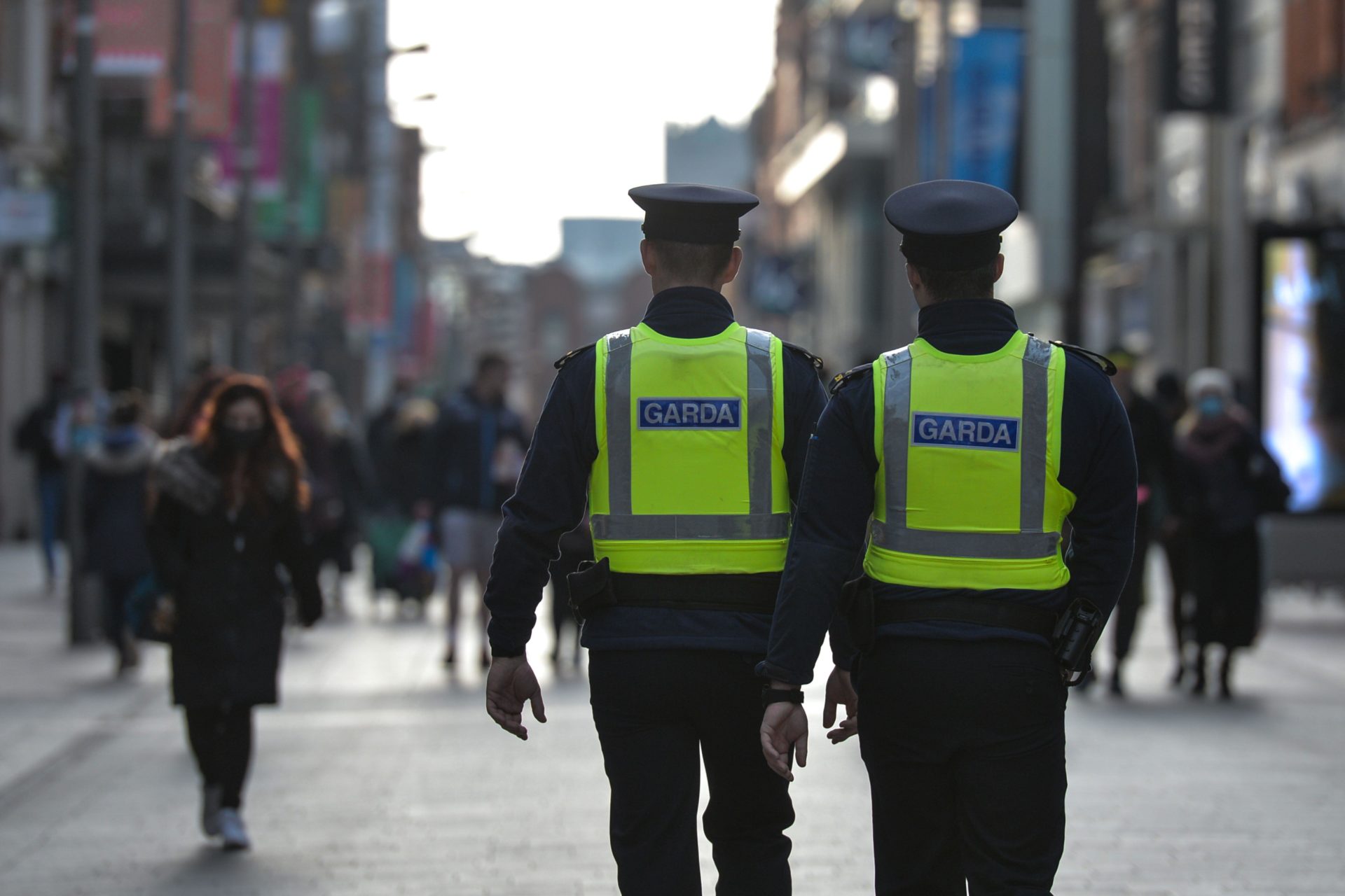 Gardaí patrolling Dublin city centre during Level 5 Covid-19 lockdown. Image: Artur Widak / Alamy