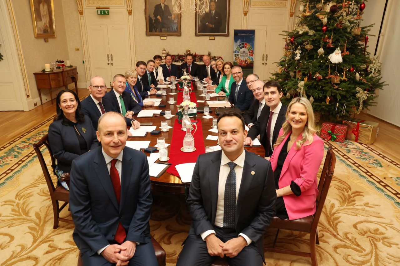 Taoiseach Leo Varadkar and Tánaiste Micheál Martin pictured with the newly-appointed Cabinet after ministers received their seals of office at Áras an Uachtaráin