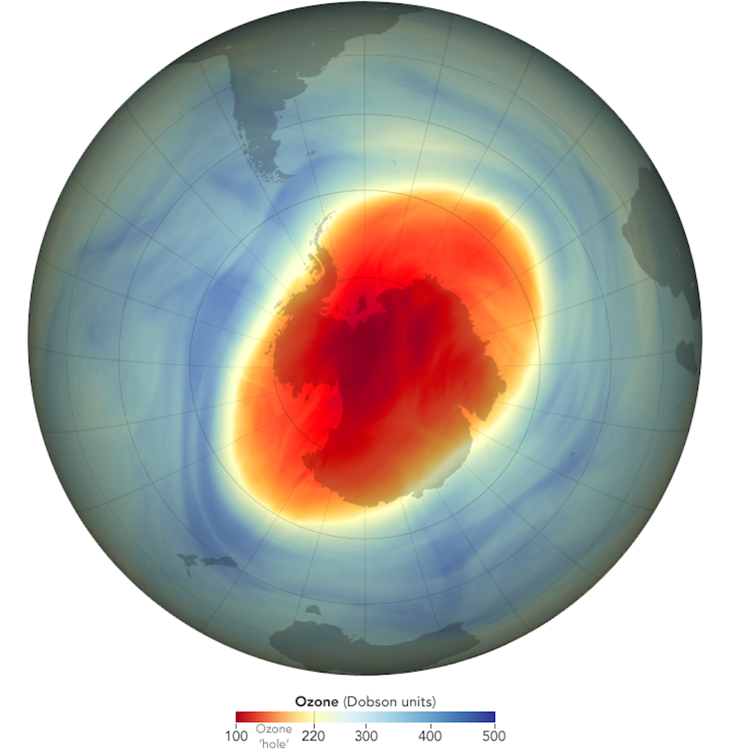 The size and shape of the ozone hole over the South Pole in October 2022, when it reached its single-day maximum extent for the year