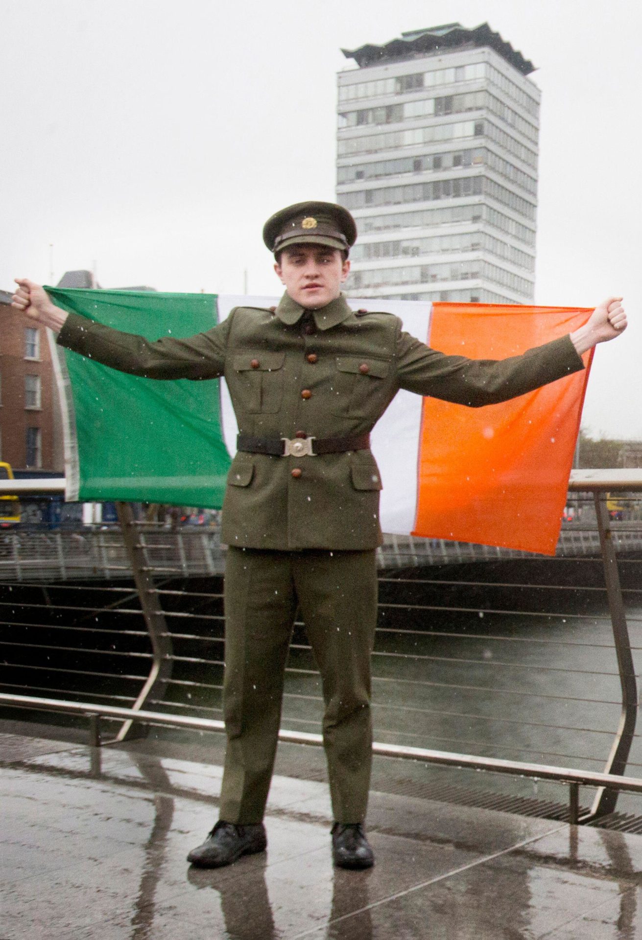 Paul Mescal poses in Dublin city with an Irish Tricolour in April 2018 to publicise The Abbey Theatre and Lyric Hammersmith’s production of The Plough and the Stars by Sean O’Casey.