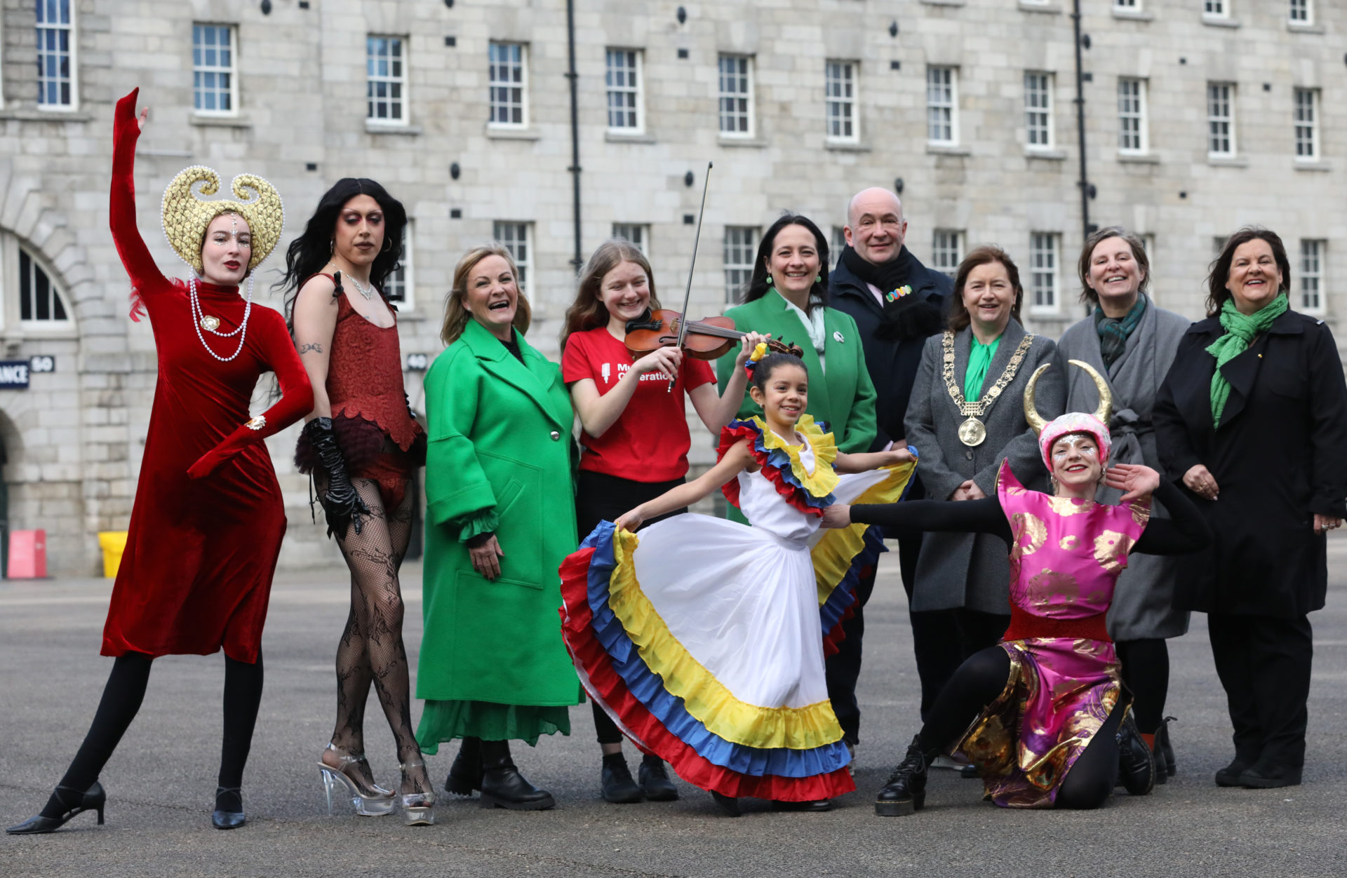  Dublin Lord Mayor Caroline Conroy and Minister for Culture Catherine Martin with artisits at the National Museum Collins Barracks for the launch of the St Patrick's Day Festival