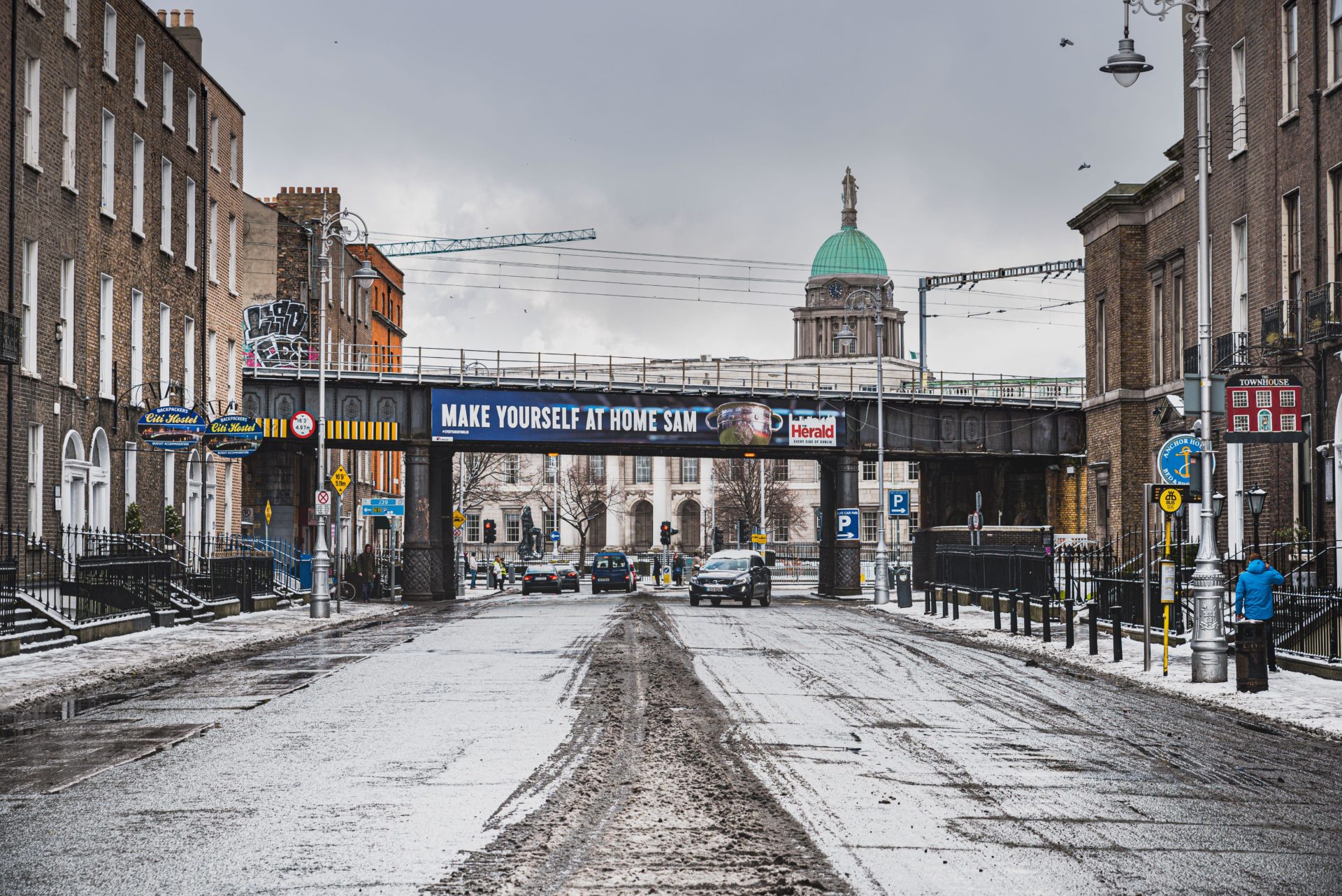 Dublin's Gardiner Street is seen during a snowfall in February 2018. 