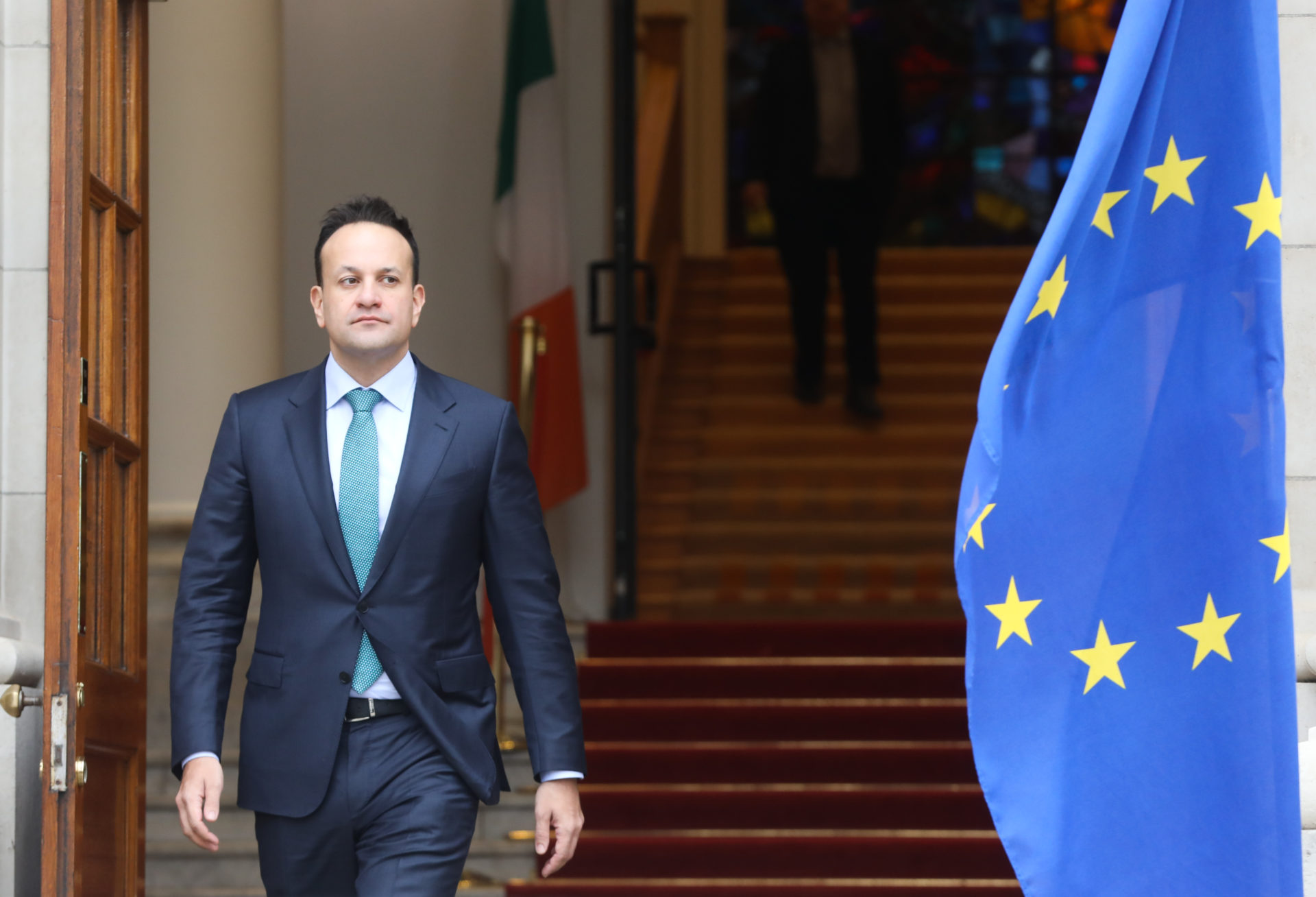 Taoiseach Leo Varadkar greets President of the European Parliament, Roberta Metsola at Government Buildings.