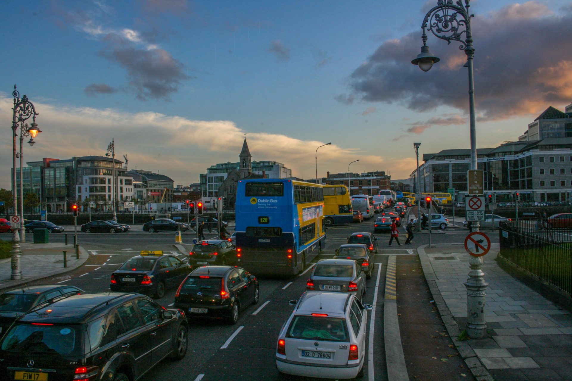 Dublin Ireland, traffic jam during rush hour. Commuters rushing home as the sun sets creating a backlog of traffic.