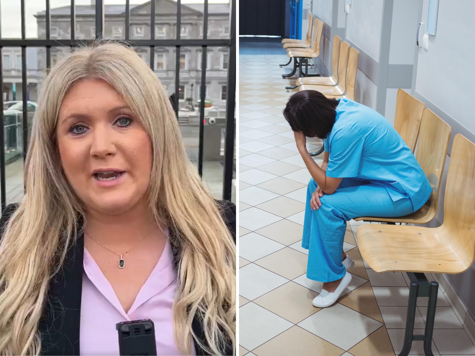 A split-screen of Lunchtime Live presenter Andrea Gilligan and an illustration of an upset nurse.