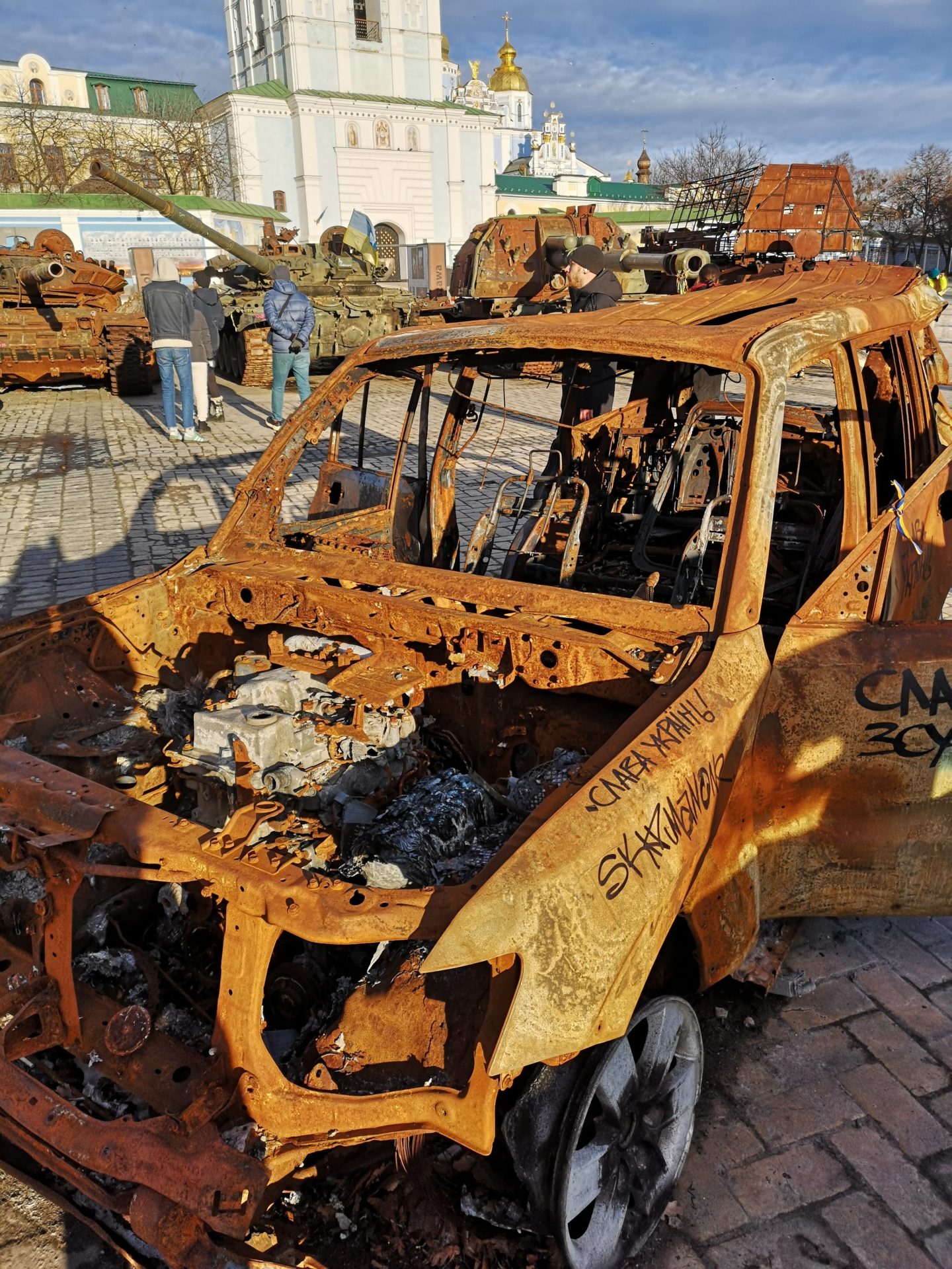 A burned-out military vehicle in Kyiv. Image: Newstalk 