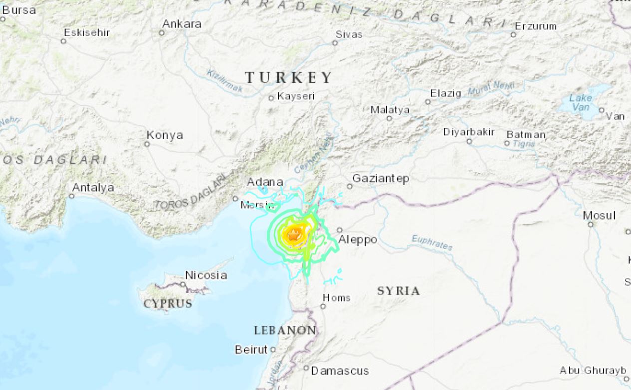 The location of the latest earthquake on the Turkey-Syria border
