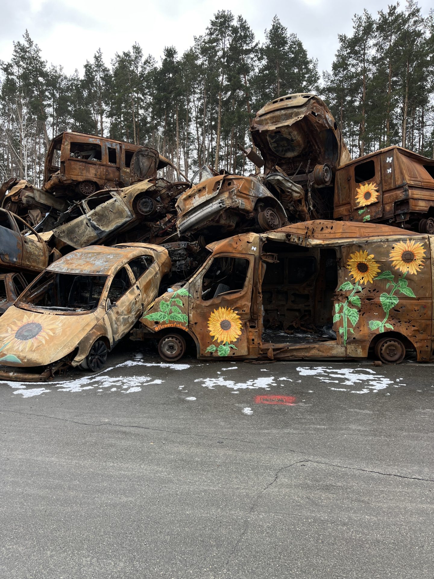 The "car graveyard" memorialises the civilians who were shot dead in their vehicles by Russian forces as they tried to flee. 