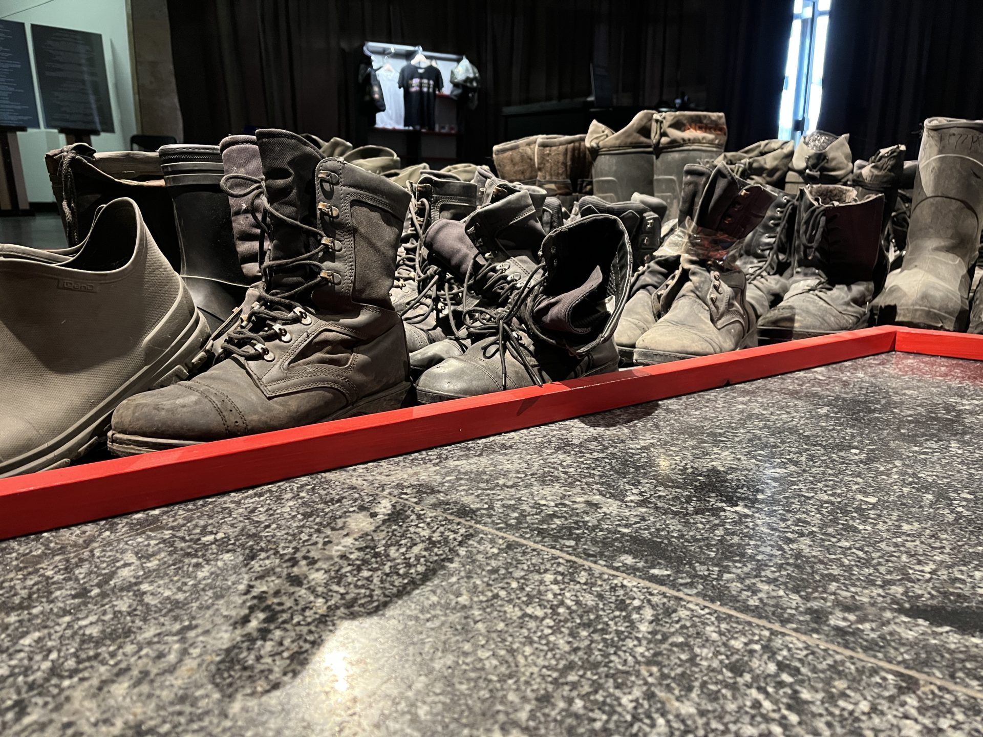 Russian soldiers boots in Kyiv war museum. 