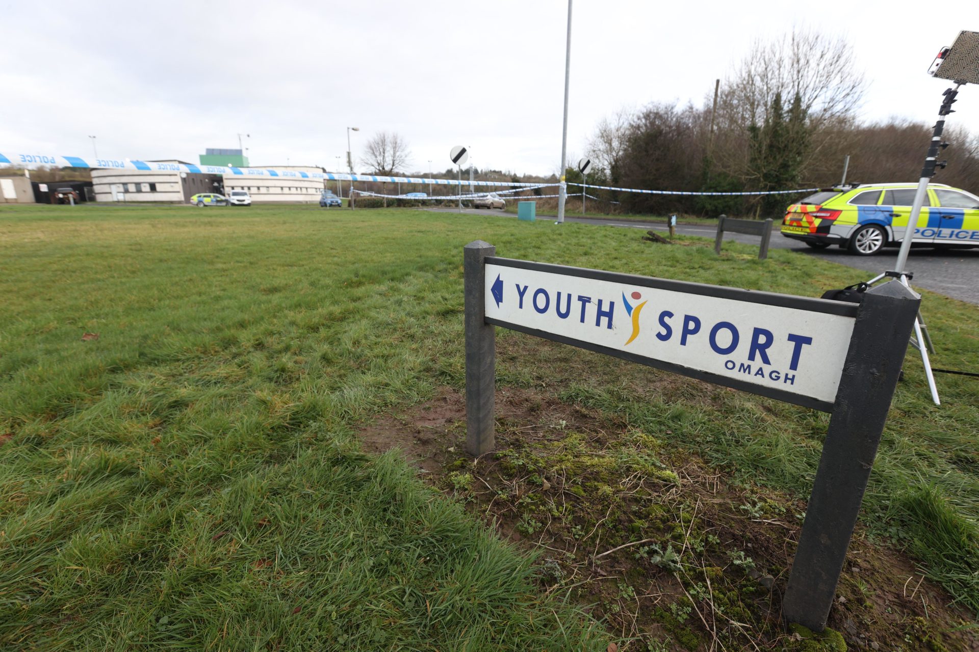 A sign for the Youth Sport Omagh sports complex in Co Tyrone, Northern Ireland where off-duty PSNI Detective Chief Inspector John Caldwell was shot a number of times by masked men