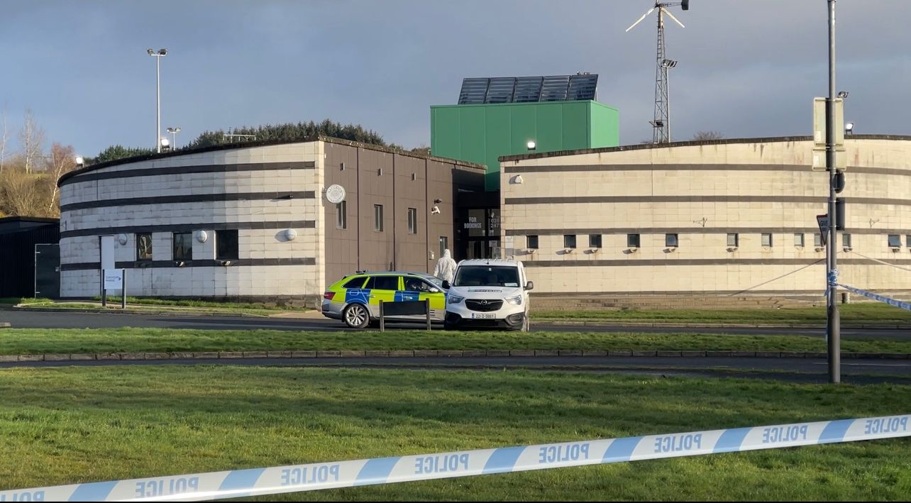 Police at the sports complex near Omagh, Co Tyrone, where off-duty PSNI Detective Chief Inspector John Caldwell was shot.