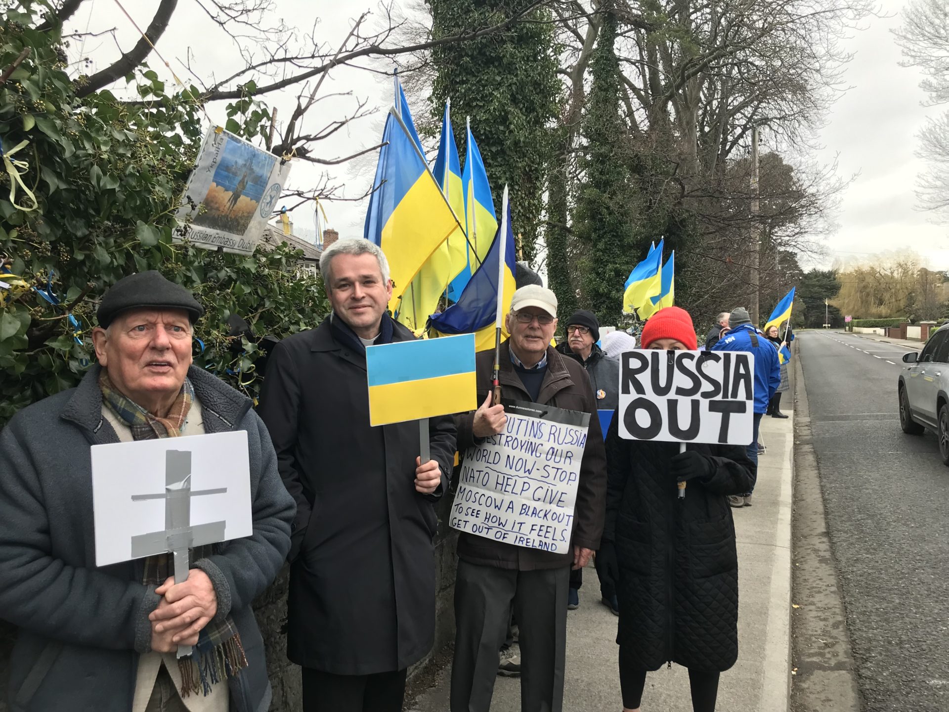 Protesters outside the Russian Embassy. Image: Newstalk