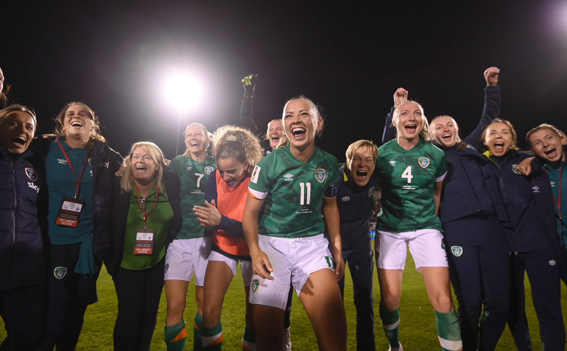 Republic of Ireland players celebrate after the FIFA Women's World Cup 2023 qualifier match between Republic of Ireland and Finland at Tallaght Stadium in Dublin
