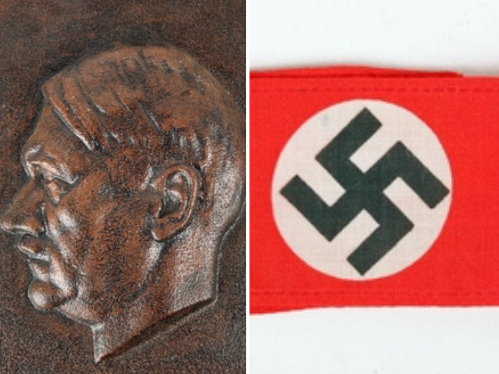 Split image shows an Adolf Hitler cast iron plaque, and a red cloth armband centred with a swastika