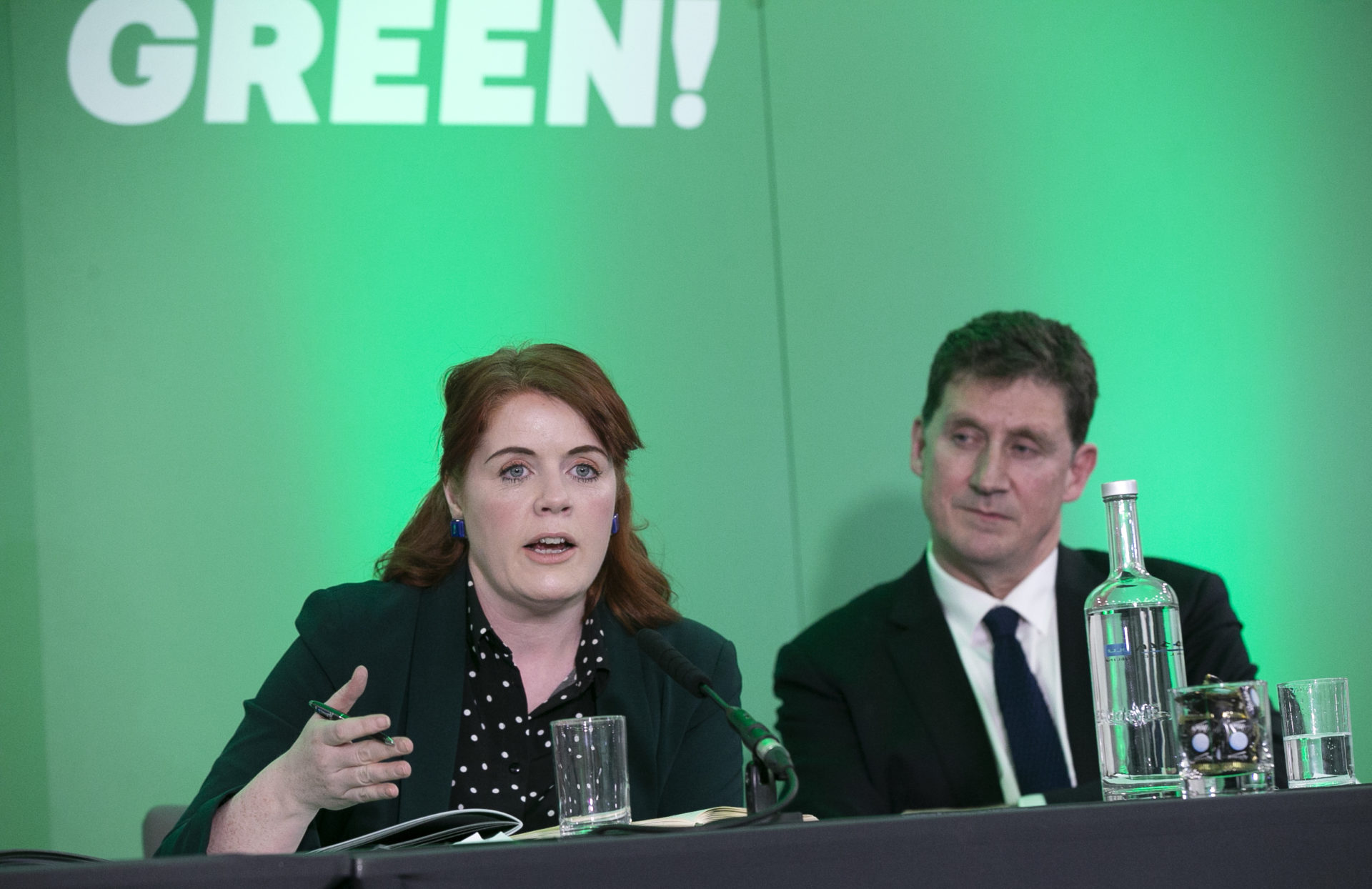 Neasa Hourigan and Green Party leader Eamon Ryan speaking to the media at the Radisson Blu Hotel, Dublin at the launch of the party's manifesto in January 2020.