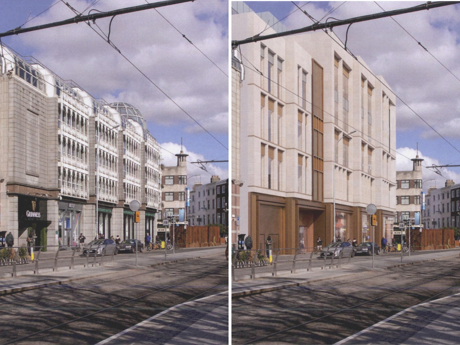 A split-screen showing St Stephen’s green shopping Centre and a proposal for its renovation.