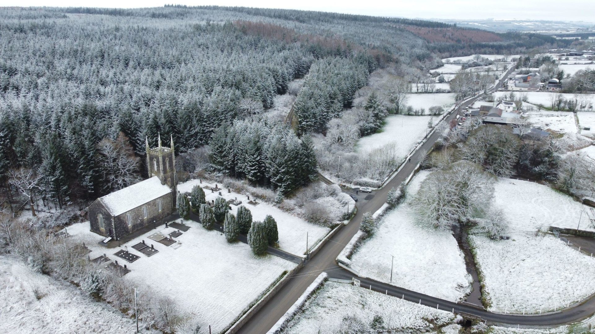 Snow at Holy Trinity Church in Bilboa, County Carlow.