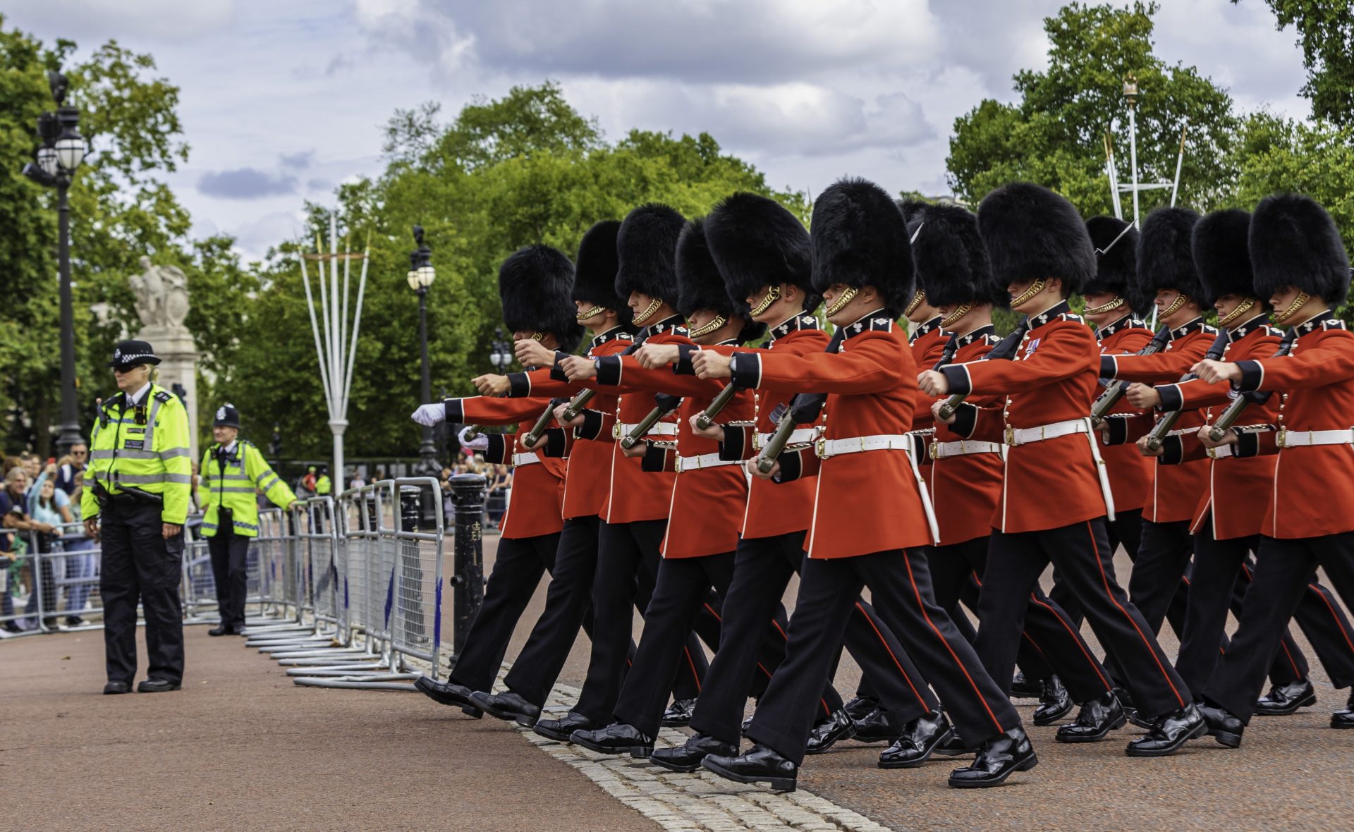 Members of the Irish Guards regiment of the British Army march in London, England.