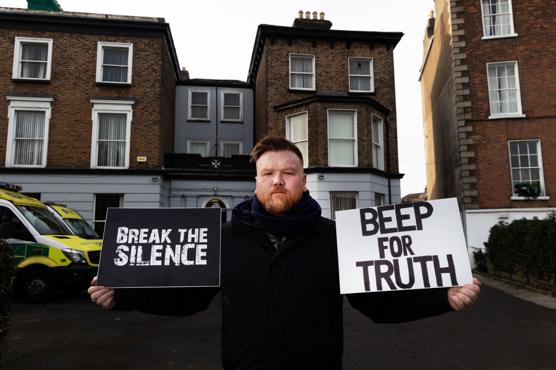 Abuse survivor Mick Finnegan outside the St John Ambulance office in Dublin