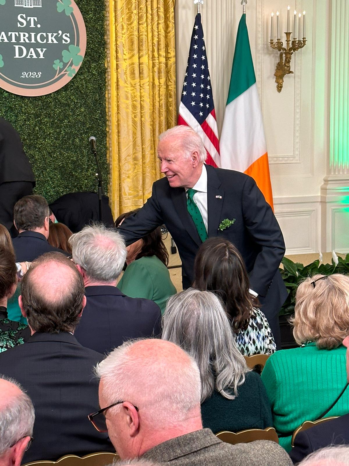 US President Joe Biden greets guests at the White House in Washington DC as part of the 2023 St Patrick's Day celebrations