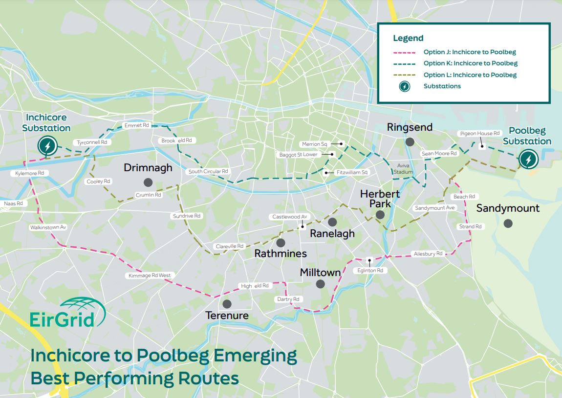 Some of the potential routes in the public consultation from EirGrid