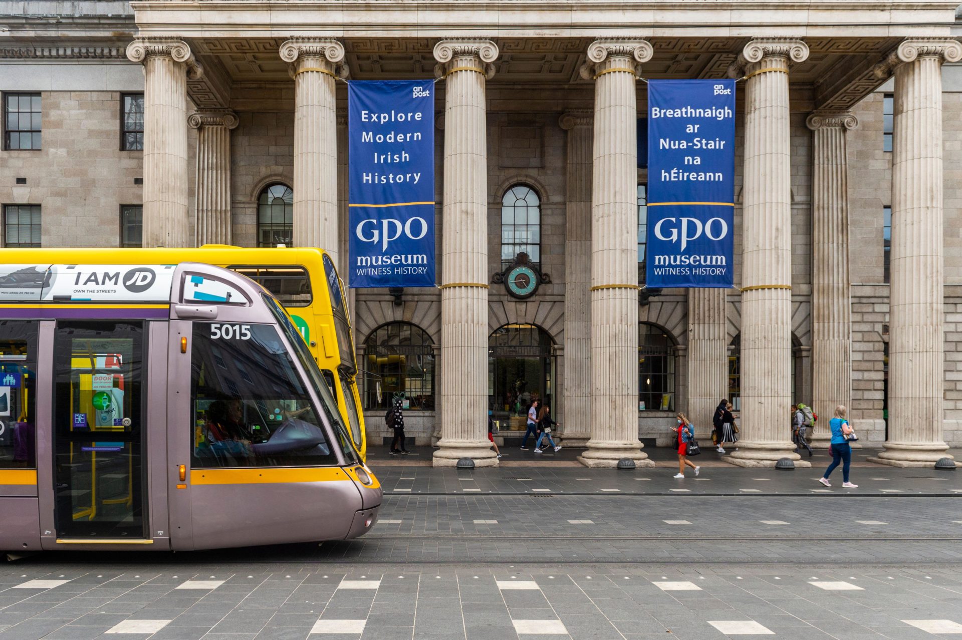 A Luas tram passes the GPO on Dublin's O'Connell Street in August 2020