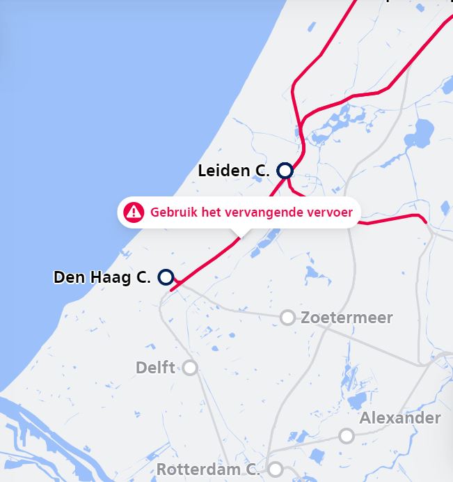 Map showing disruption between Leiden City and The Hague following the train derailment