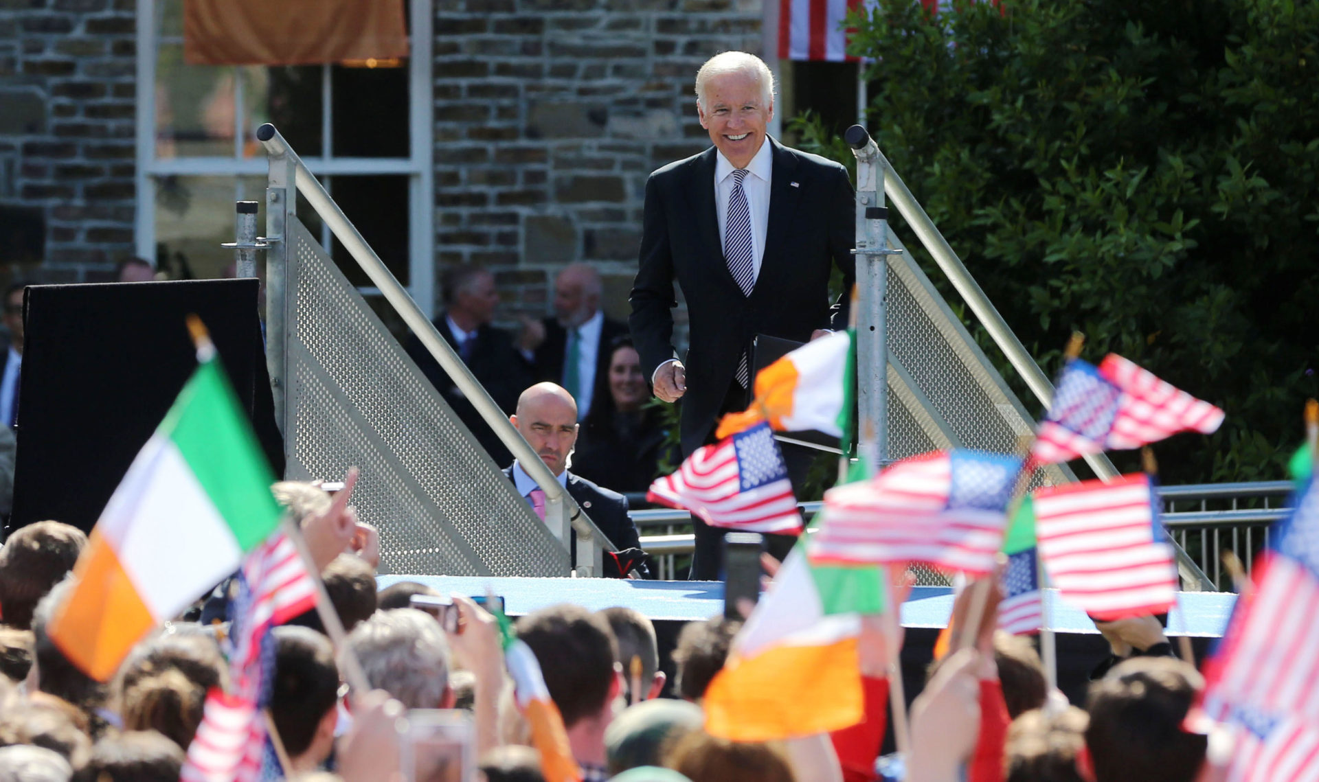 File photo shows Joe Biden preparing to deliver a keynote speech in the grounds of Dublin Castle as part of his six-day visit to Ireland in 2016. Image: PA Images / Alamy