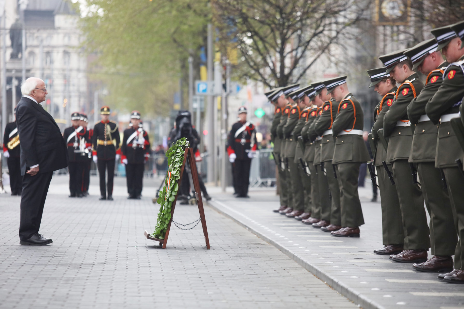 President Michael D Higgins lays a wreath during a ceremony to mark the anniversary of the 1916 Easter Rising at the GPO on O'Connell Street, Dublin in 2022. 