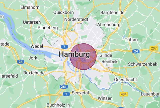 Map showing heavy smoke development due to a major fire in Hamburg, Germany.