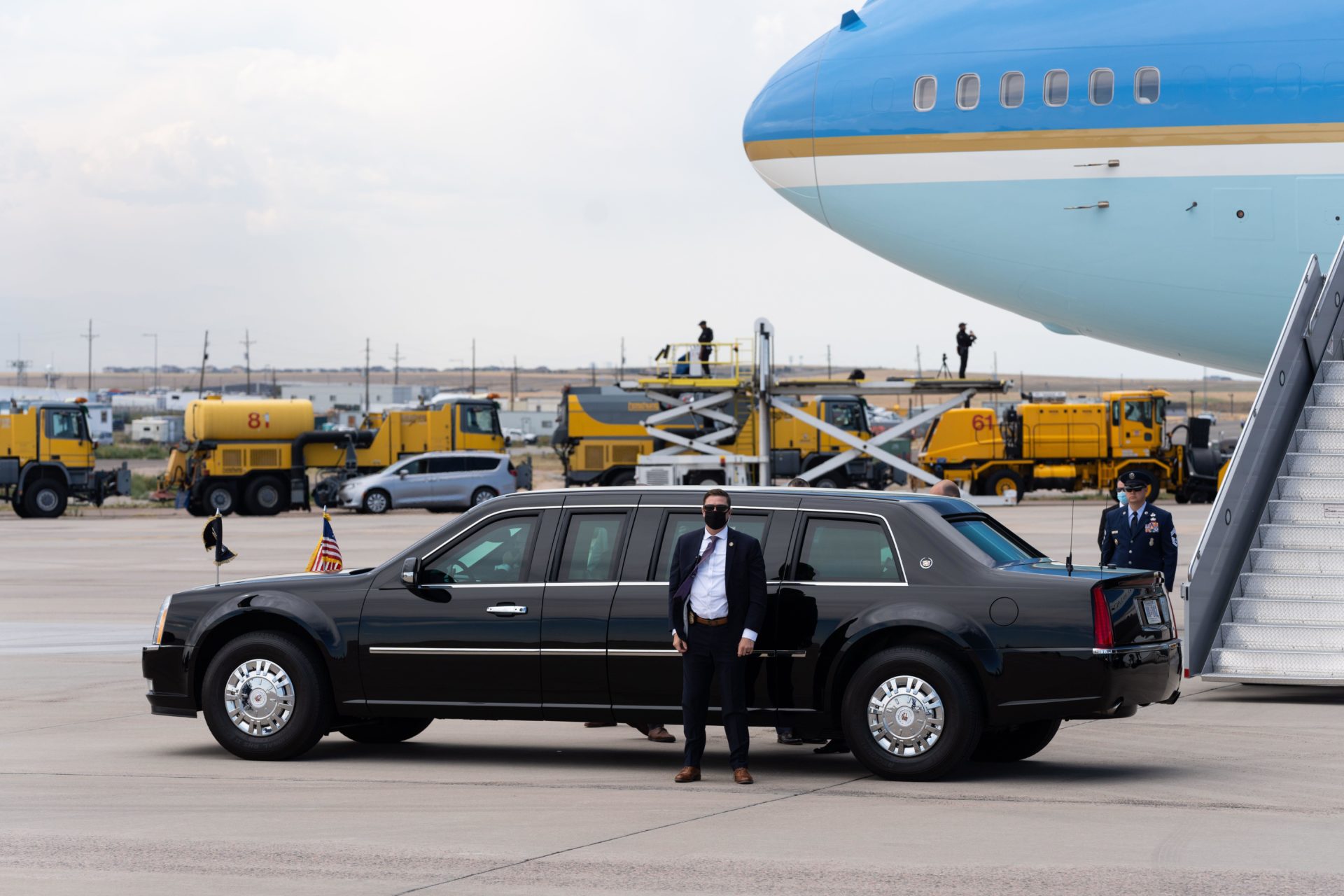 US President Joe Biden's limo in front of Air Force One at Denver International Airport in Denver, Colorado in September 2021