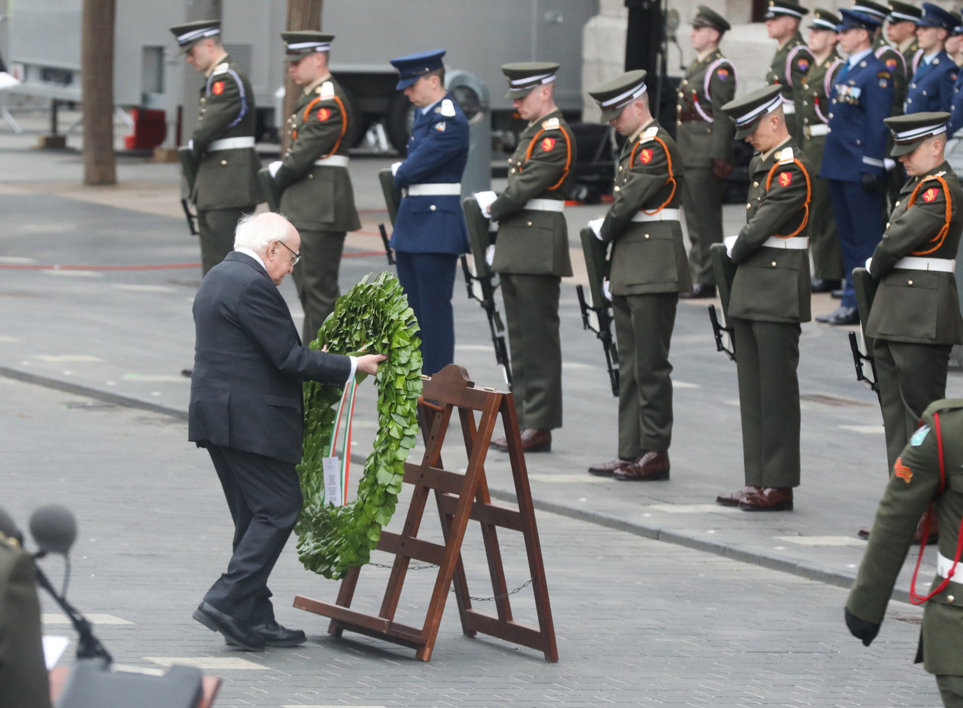 President Michael D Higgins lays a wreath outside the GPO on Dublin's O'Connell Street for the 1916 commemoration