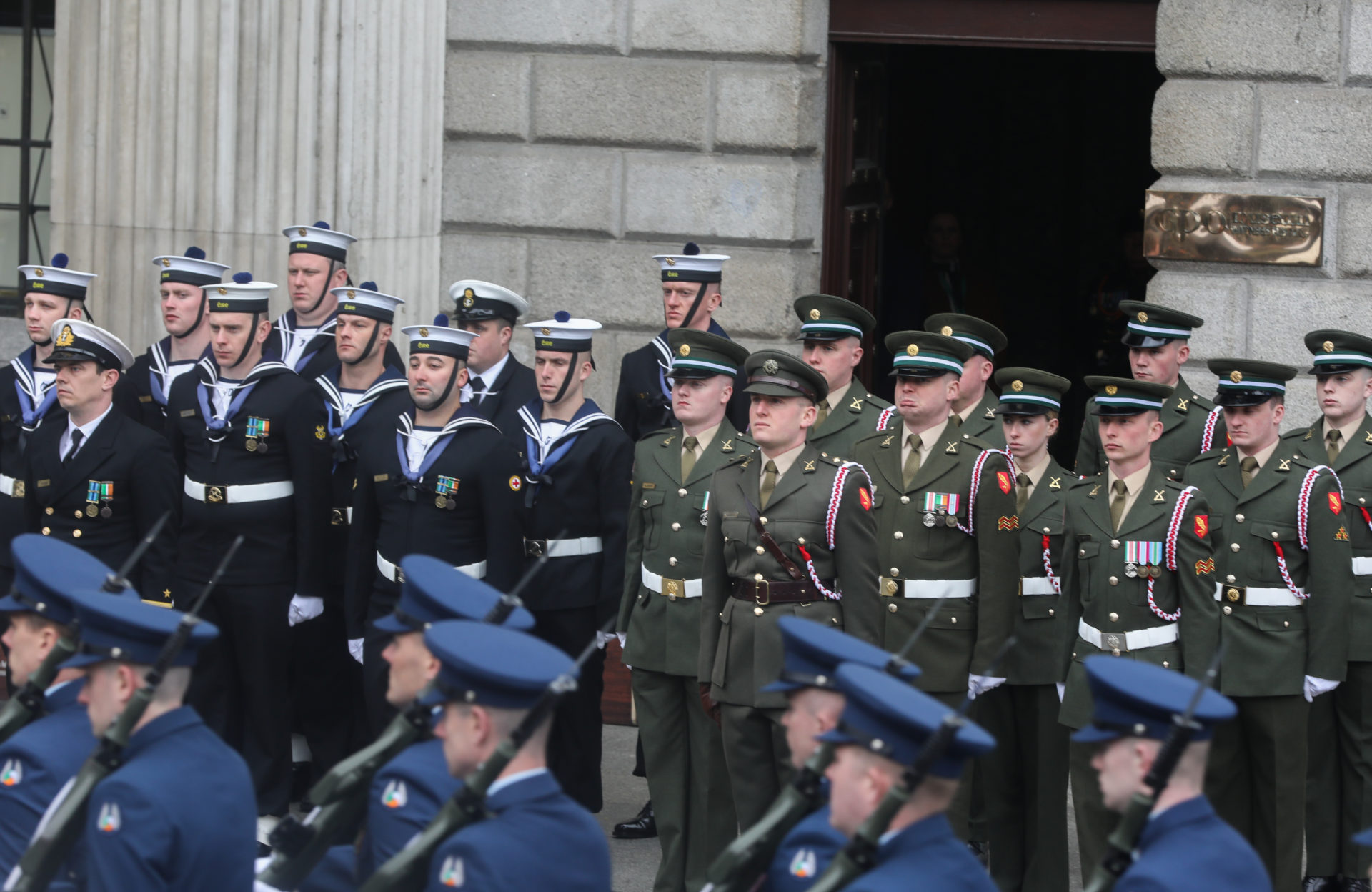 Defence Forces personnel - including representatives of the Army, the Air Corps and the Naval Service - outside the GPO, O'Connell Street for the 1916 commemoration