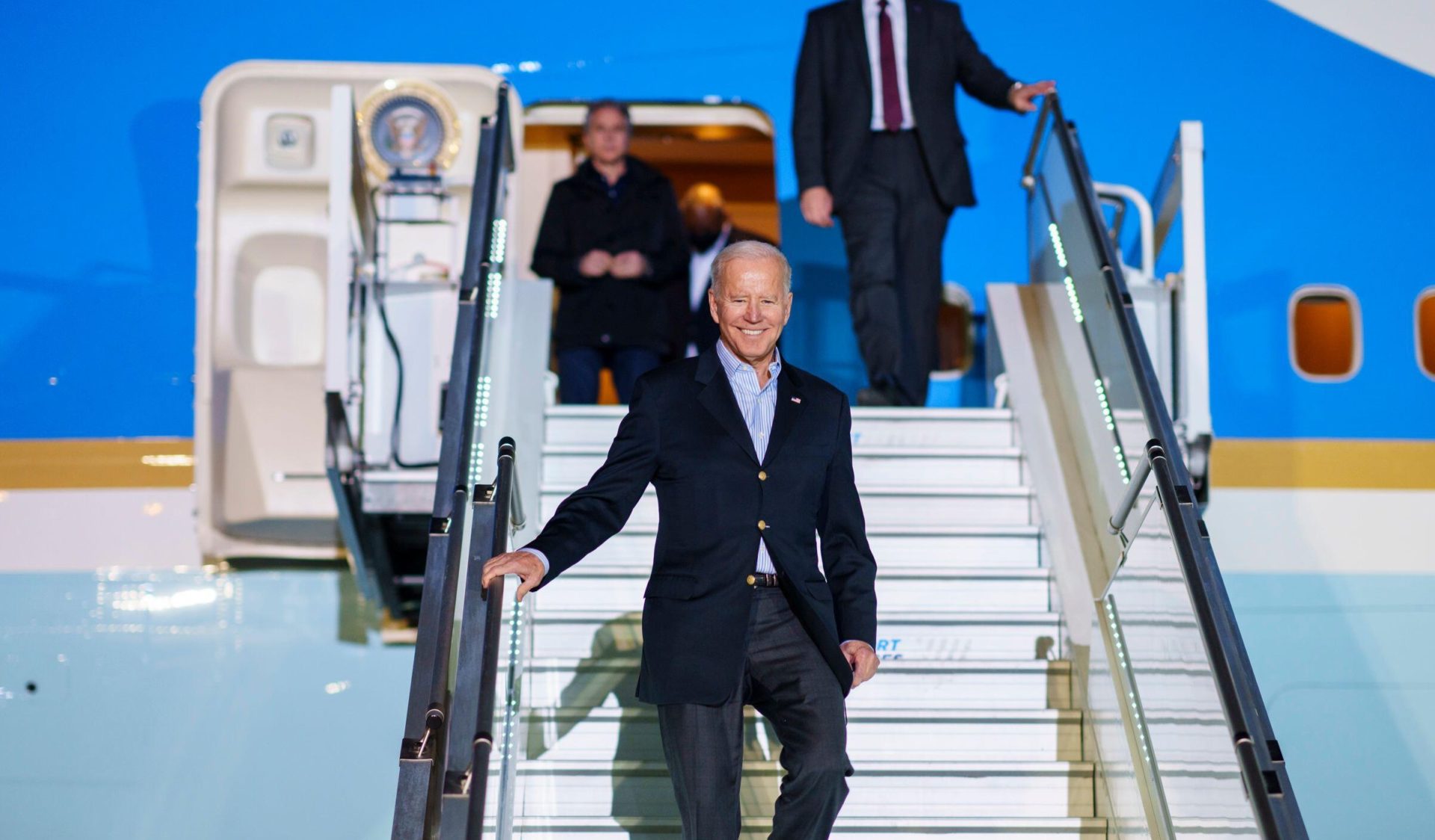 US President Joe Biden disembarks Air Force One at Warsaw Chopin International Airport in Poland in March 2022