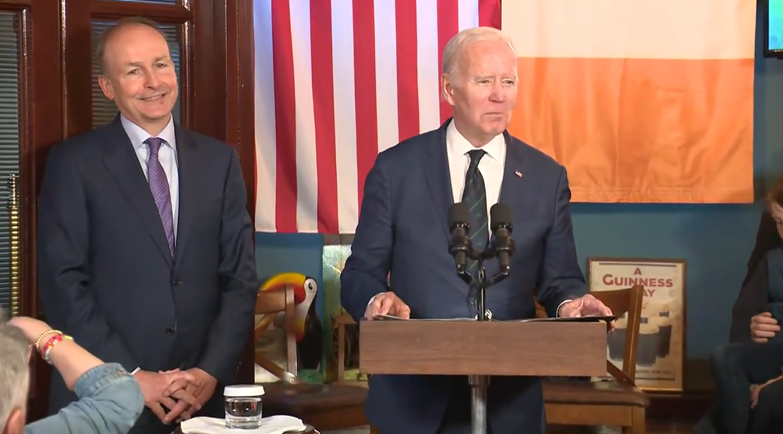 US President Joe Biden speaks in Dundalk, Co Louth after being introduced by Tánaiste Micheál Martin