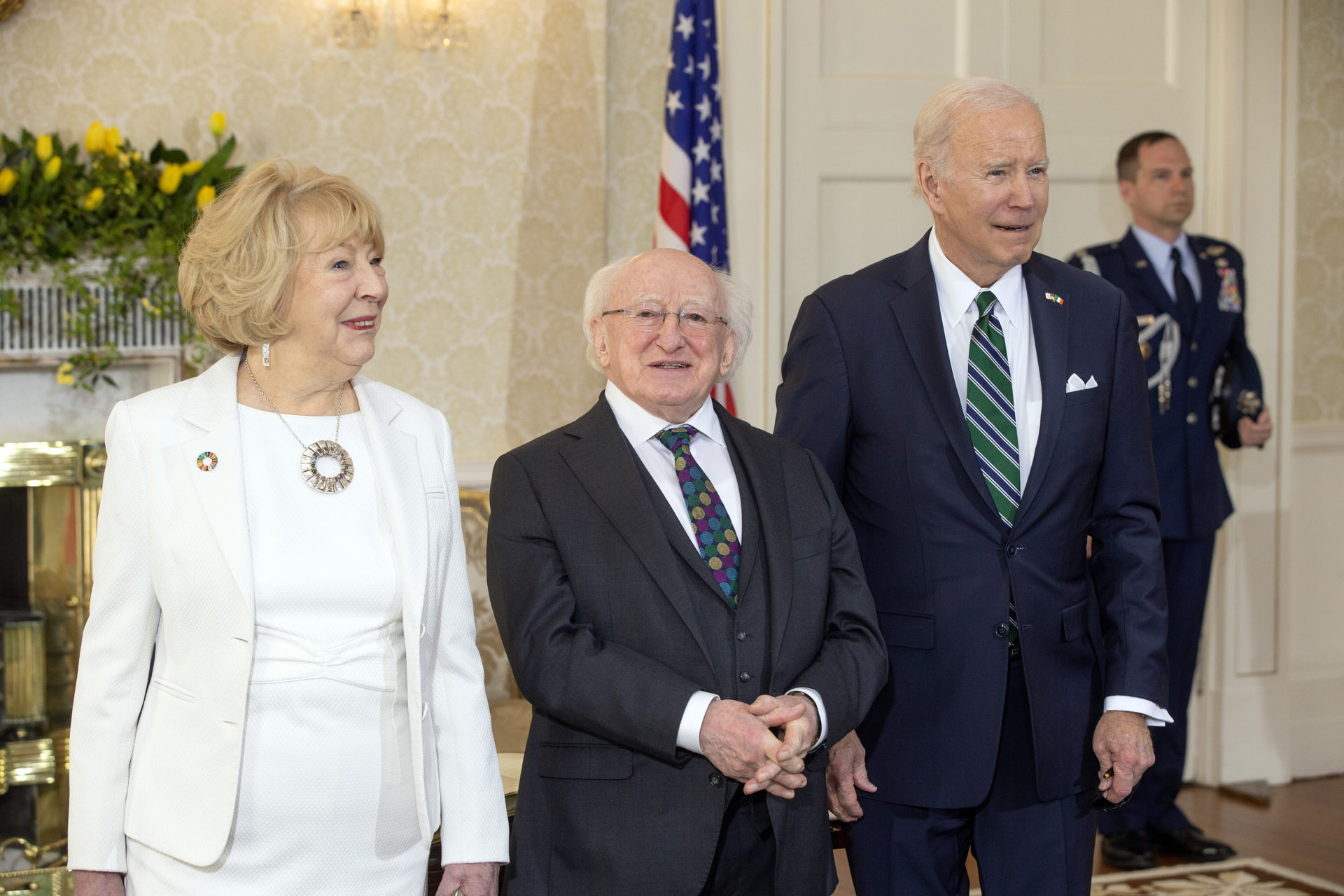US President Joe Biden with President Michael D Higgins and his wife Sabina at Áras an Uachtaráin.