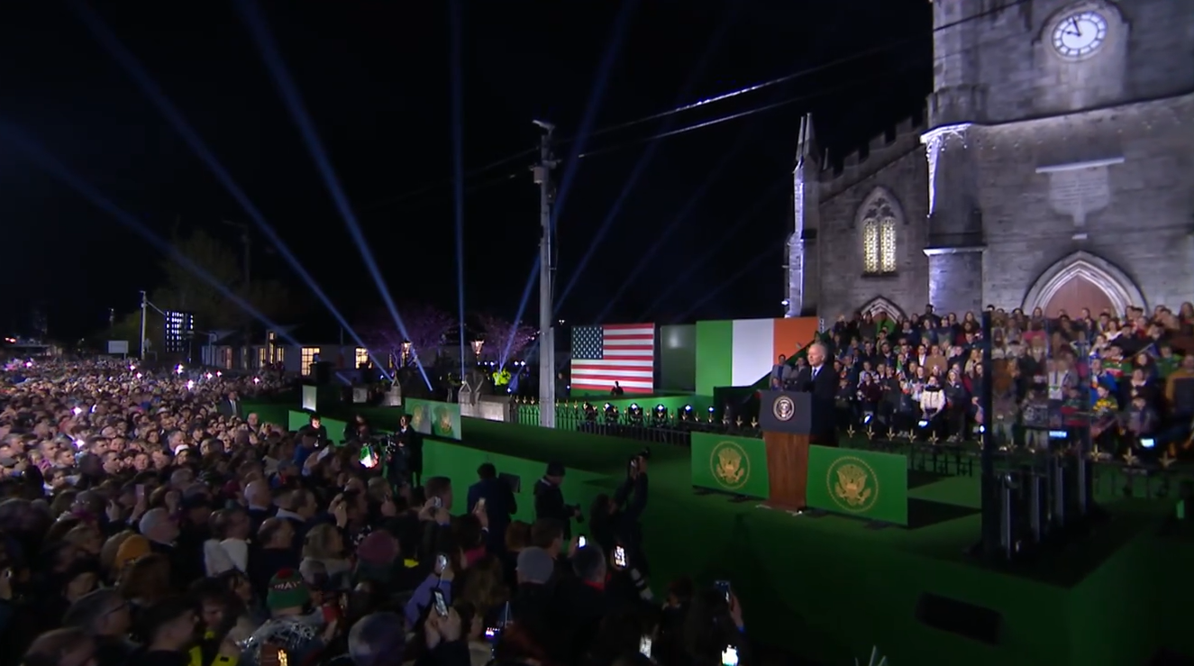 Crowds listen as US President Joe Biden speaks from outside St Muredach's Cathedral in Ballina, Co Mayo.