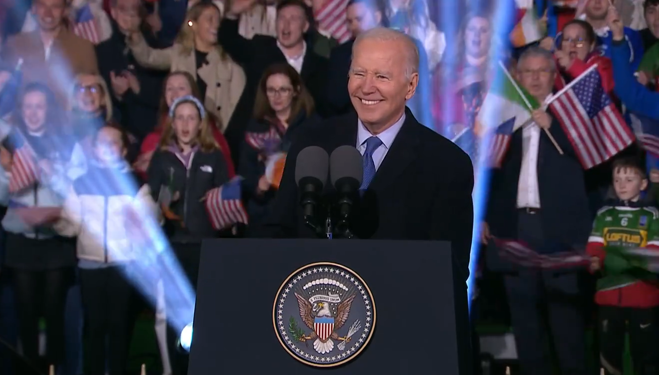 US President Joe Biden addressing crowds from outside St Muredach's Cathedral in Ballina, Co Mayo.