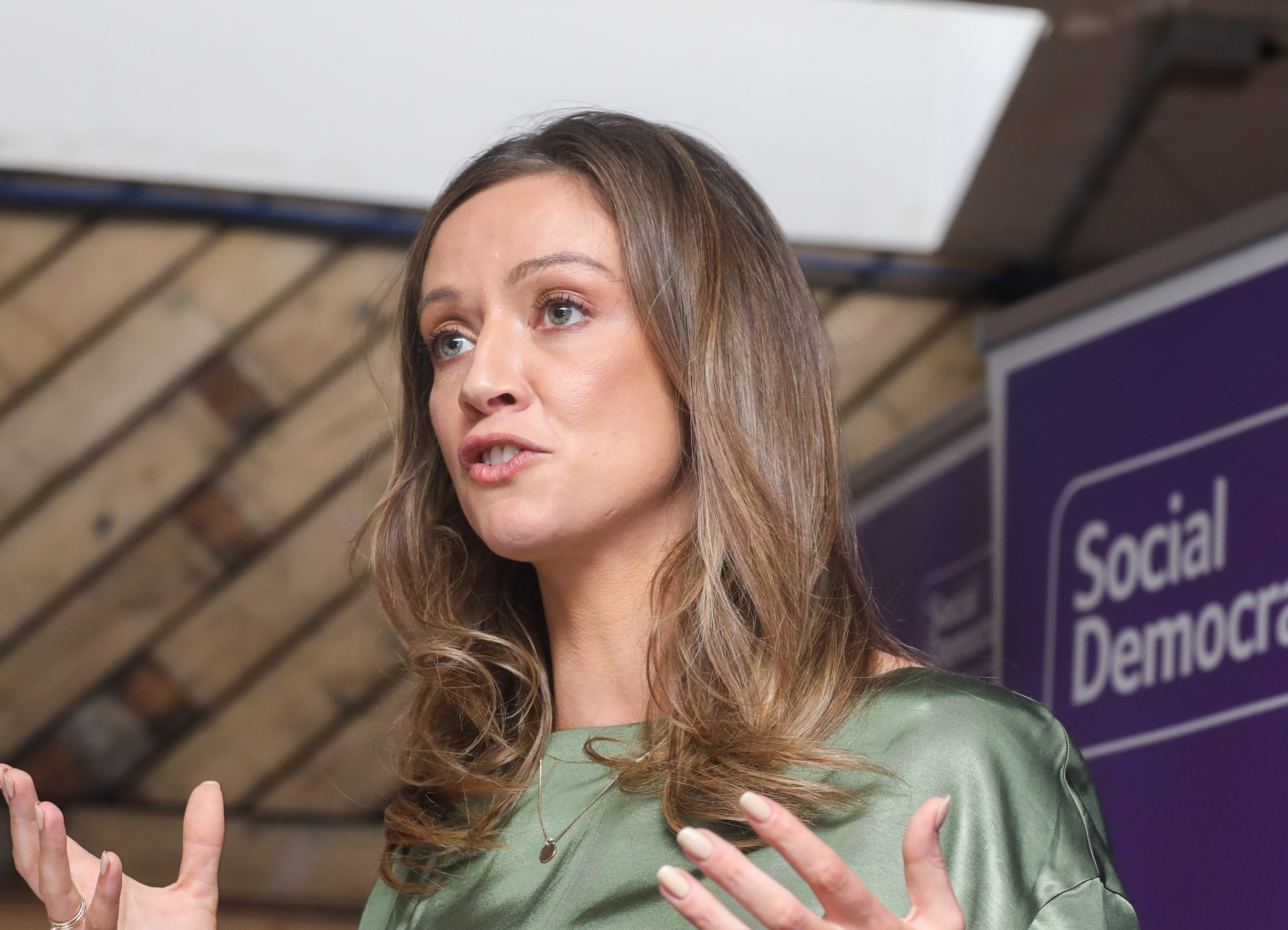 Holly Cairns speaking in Dublin after being elected leader of the Social Democrats in March 2023