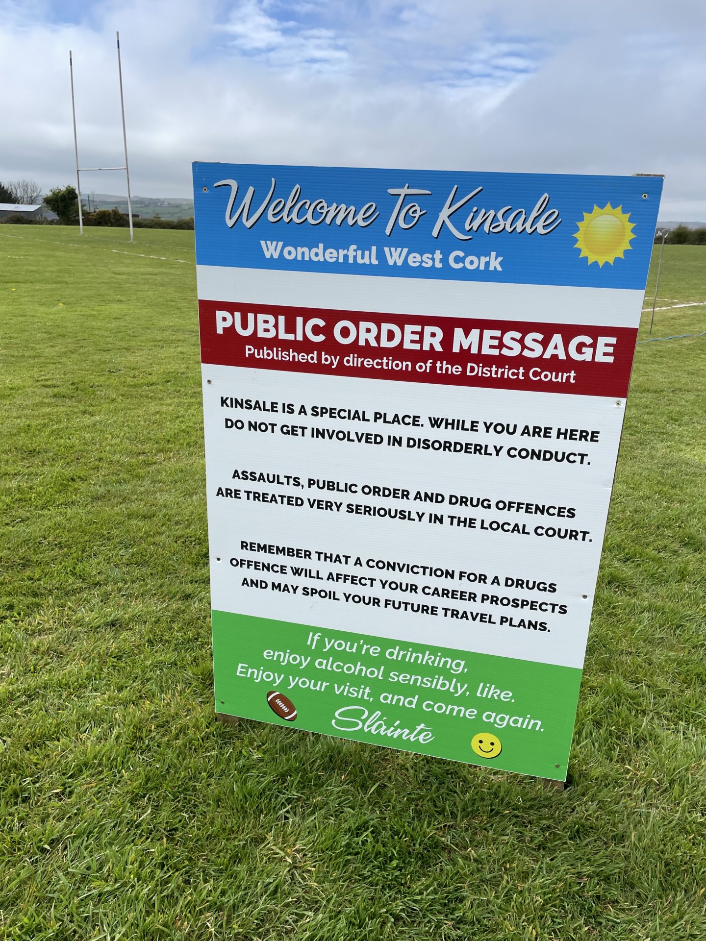 A sign warning against anti-social behaviour at the Kinsale Rugby 7s.