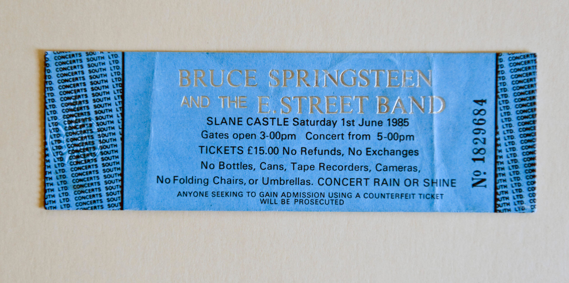 Ticket stub from a 1985 Dublin, Ireland Bruce Springsteen concert