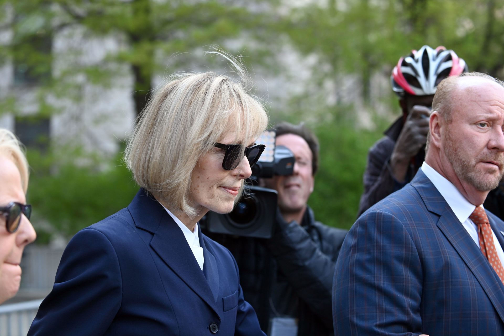 E Jean Carroll leaves a Manhattan court following a day of testimony in the ongoing civil rape case against Donald Trump in New York in April 2023.