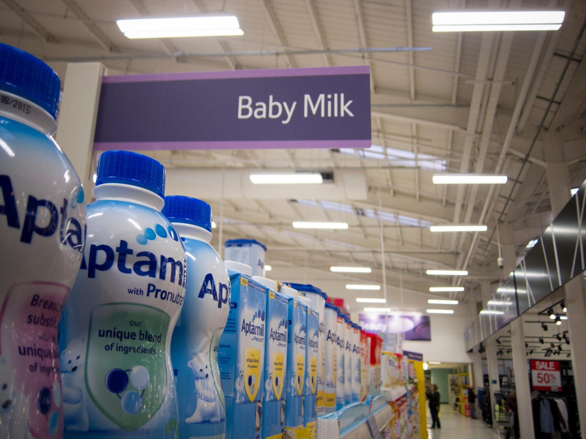 Baby milk products and isle at a Teso supermarket store