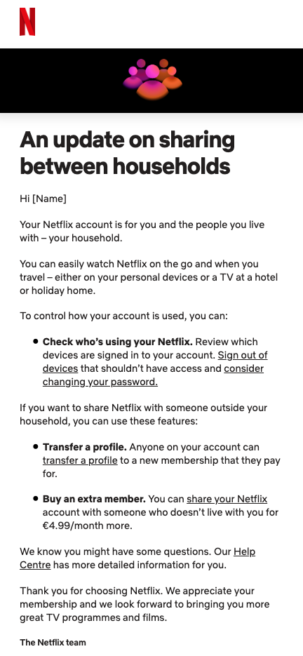 A sample of Netflix's email to Irish customers
