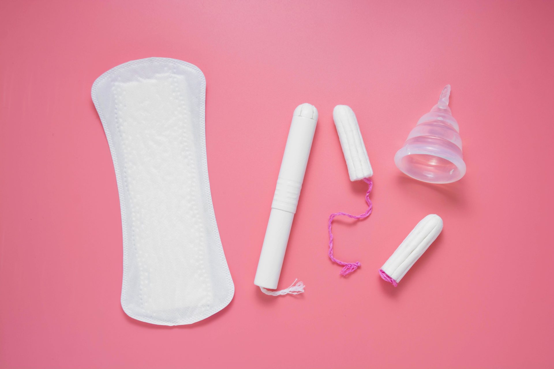 Woman hygiene products, menstruation, cotton tampons, sanitary pads, menstrual cup