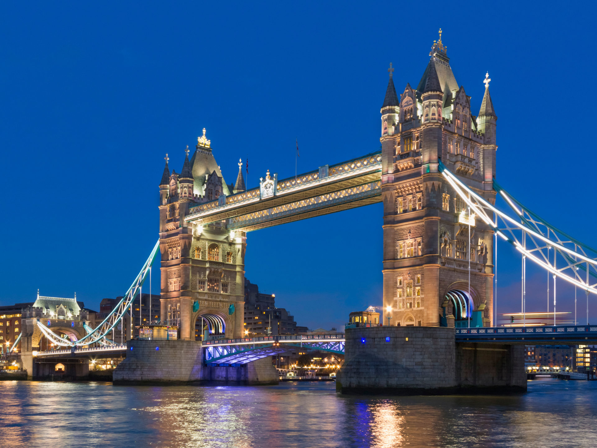 Tower Bridge in London, England is seen at night in February 2014